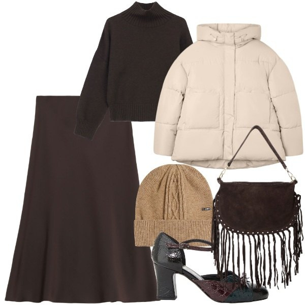 Outfit donna - W il cioccolato - @pamela. Stile Urban per Tutti i giorni. Abbinamento con bomber, décolleté, borse a tracolla, gonne longuette, maglieria, berretti.