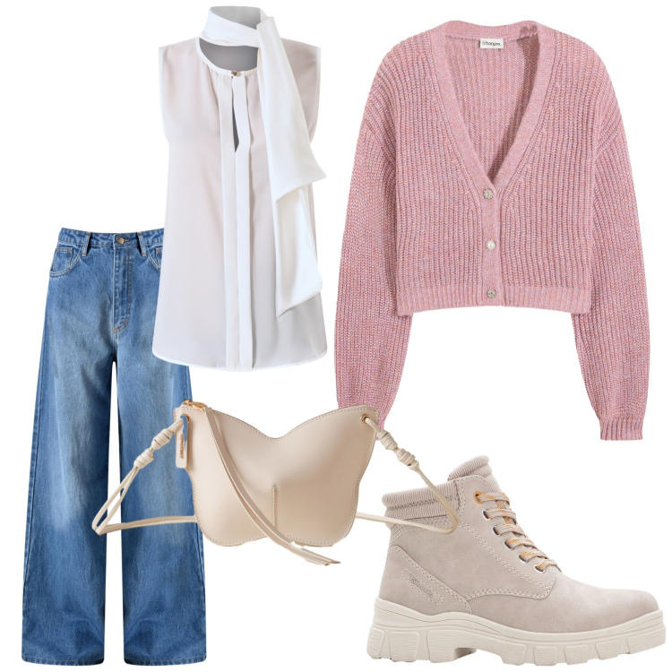 Outfit donna - Cardigan in autunno. Stile Casual Abbinamento con cardigans, stivaletti, borse a tracolla, jeans, top.