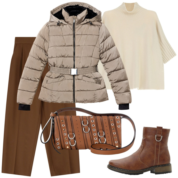 Outfit donna - Giornate fredde. Stile Casual per Tutti i giorni. Abbinamento con stivaletti, piumini, borse a spalla, pantaloni, maglieria.
