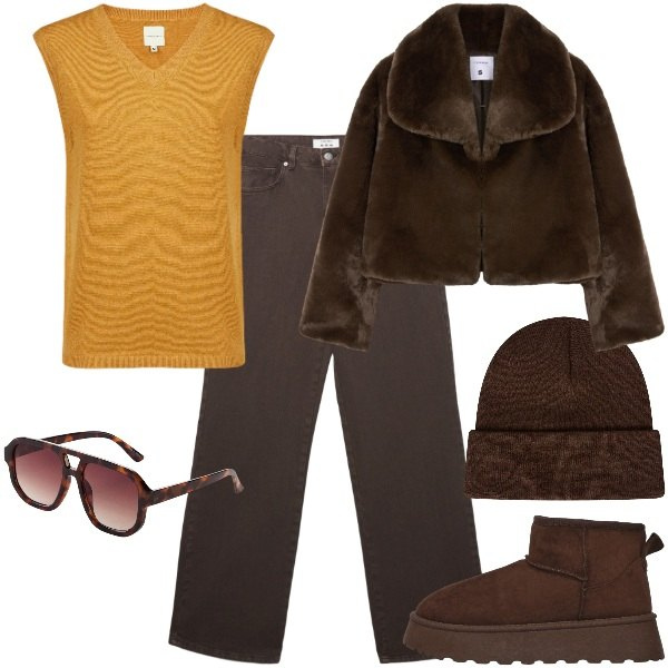 Outfit donna - Un tocco di senape. Stile Urban per Tutti i giorni. Abbinamento con occhiali da sole, berretti, ecopellicce, jeans, stivaletti, maglieria.