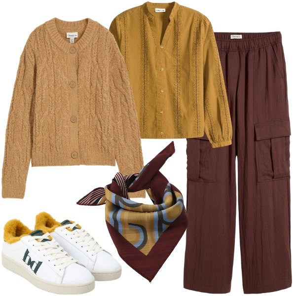 Outfit donna - un tocco di senape. Stile Casual chic per Tutti i giorni. Abbinamento con cardigans, bluse, pantaloni cargo, sneakers, foulard.