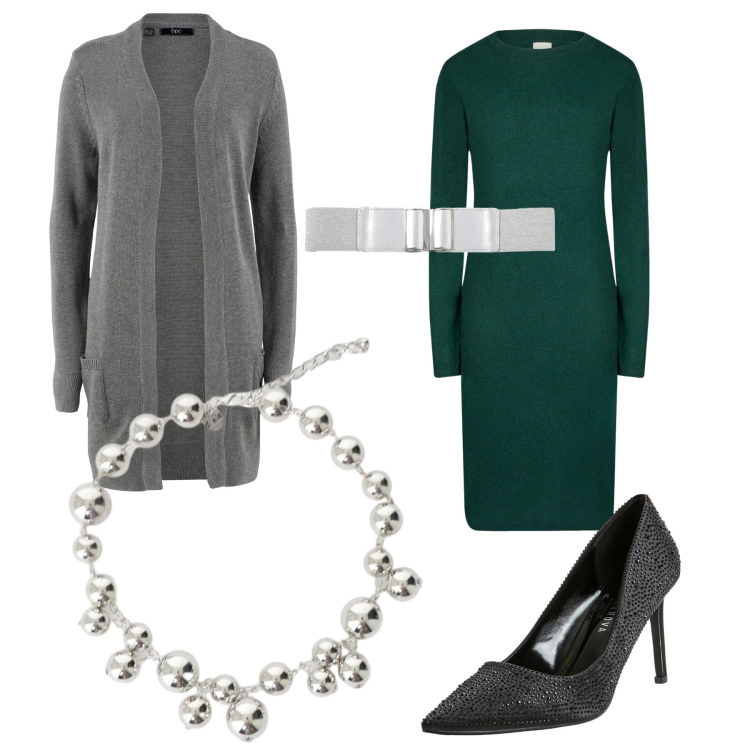 Outfit donna - Un tocco di colore. Stile Glamour per Tutti i giorni. Abbinamento con cardigans, décolleté, cinture, collane, vestiti midi/longuette.