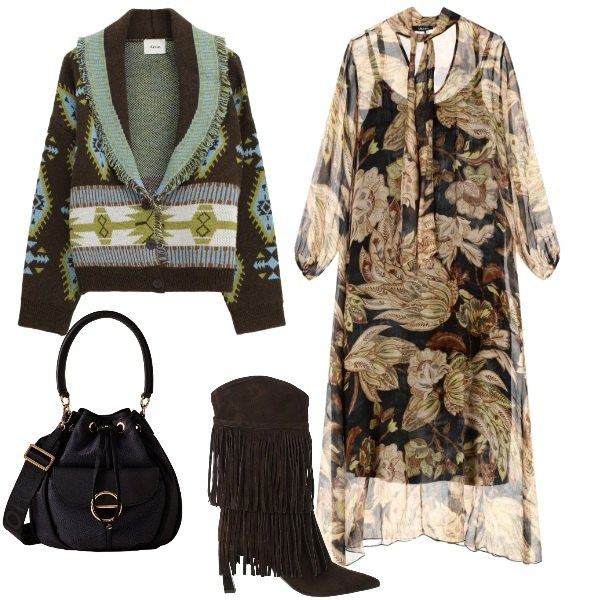 Outfit donna - Mi metto il cardigan - danipoeatessa73. Stile Romantica per Serata fuori. Abbinamento con borse a secchiello, vestiti lunghi, cardigans, stivali.