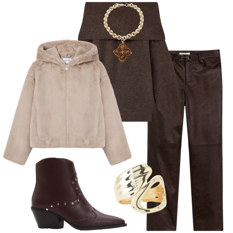 Outfit donna - Cioccolato in autunno. Stile Casual chic per Serata fuori. Abbinamento con stivaletti texani, pantaloni, ecopellicce, maglieria, collane, anelli.