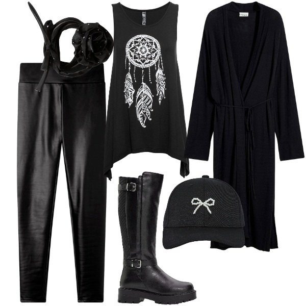 Outfit donna - Spooky Halloween. Stile Glamour per Serata fuori. Abbinamento con top, cappotti, stivali, leggings, cappelli con visiera, collane.
