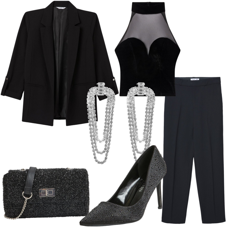 Outfit donna - Spooky Halloween. Stile Trendy per Serata fuori. Abbinamento con top, blazer, décolleté, borse a tracolla, orecchini, pantaloni.