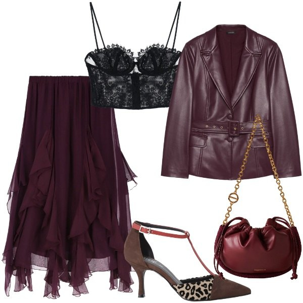 Outfit donna - Spooky Halloween. Stile Glamour per Serata fuori. Abbinamento con top, décolleté, gonne longuette, borse a spalla, blazer.
