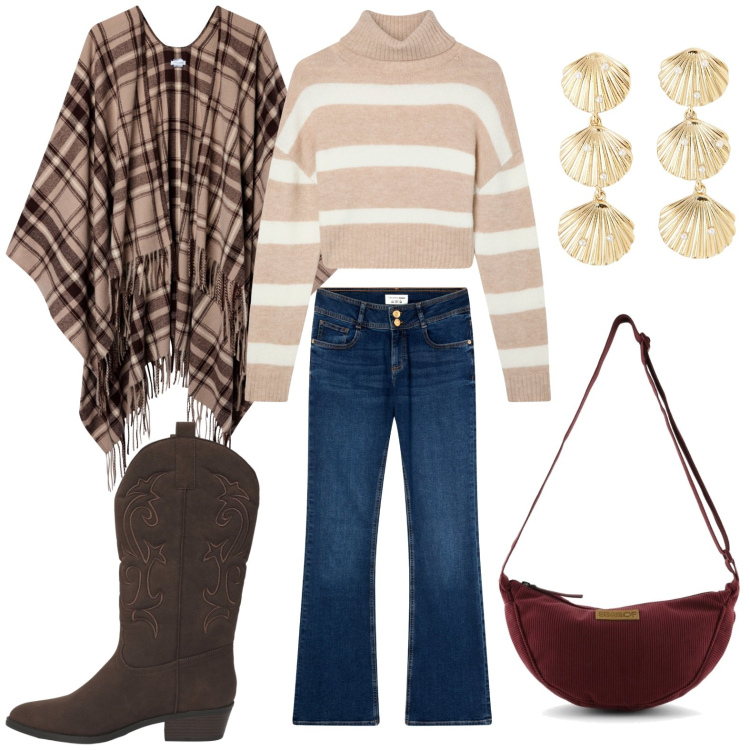 Outfit donna - Total look #2268733. Stile Casual per Tutti i giorni. Abbinamento con orecchini, jeans a zampa, cappotti, maglieria, stivaletti texani, borse a tracolla.