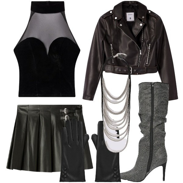 Outfit donna - Spooky Halloween. Stile Glamour per Tutti i giorni. Abbinamento con top, giacche, minigonne, stivali, guanti, collane.