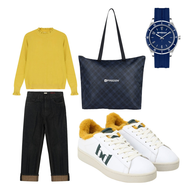 Outfit donna - Blu e senape. Stile Casual per Tutti i giorni. Abbinamento con sneakers, maglieria, orologi, shopping bag, jeans dritti.