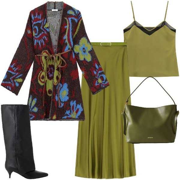 Outfit donna - Il cardigan lungo a fiori. Stile Trendy per Ufficio. Abbinamento con cardigans, stivali, borse a mano, gonne lunghe, top.