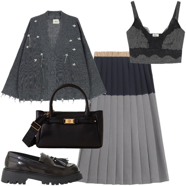 Outfit donna - In grigio a novembre. Stile Chic per Tutti i giorni. Abbinamento con borse a mano, top, mocassini, cardigans, gonne longuette.
