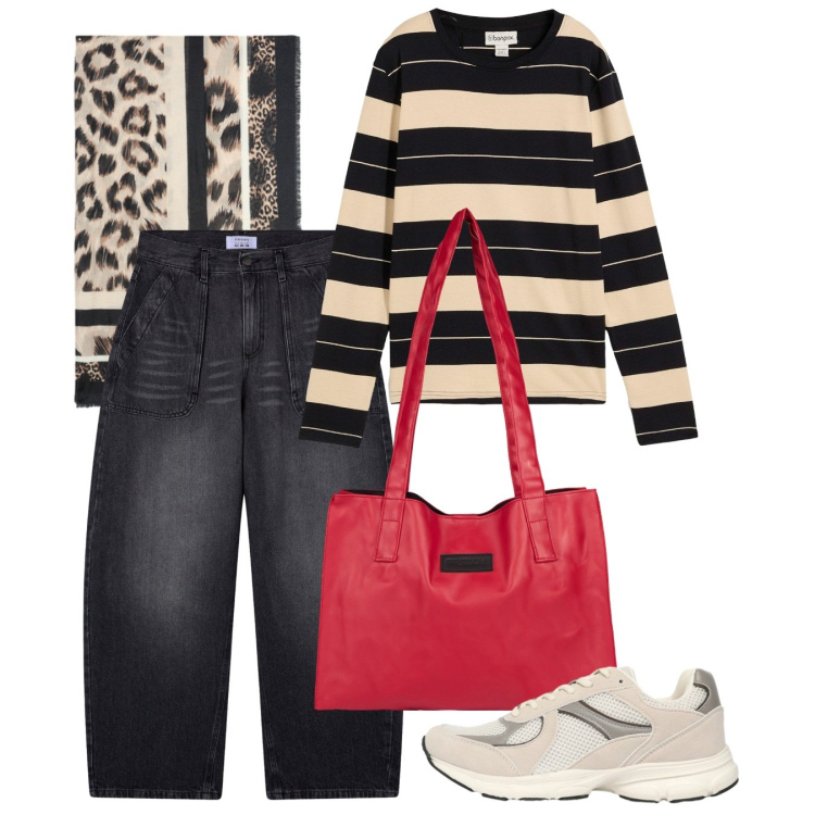 Outfit donna - Daily. Stile Basic per Tutti i giorni. Abbinamento con maglieria, sneakers, jeans, shopping bag, foulard.