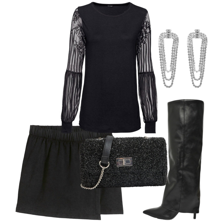 Outfit donna - Spooky Halloween. Stile Chic per Serata fuori. Abbinamento con bluse, gonne, borse a tracolla, orecchini, stivali.