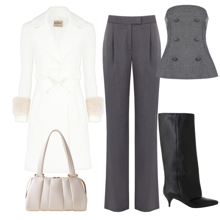 Outfit donna - Grigio e panna raffinati pass par tout. Stile Urban per Serata fuori. Abbinamento con top, pantaloni, cappotti, borse a mano, stivali.