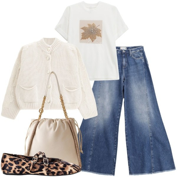 Outfit donna - Il cardigan candido. Stile Trendy per Tutti i giorni. Abbinamento con ballerine, jeans a zampa, t-shirt, cardigans, shopping bag.