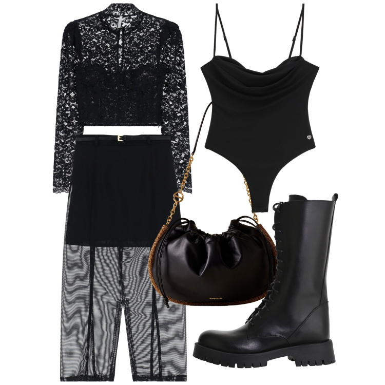 Outfit donna - Spooky Halloween. Stile Chic per Serata fuori. Abbinamento con body, stivali, borse a spalla, gonne longuette, bluse.