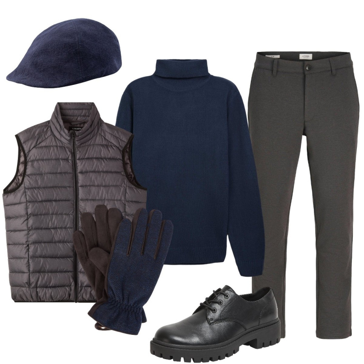 Outfit uomo - Elegante nella sua semplicità. Stile Trendy per Ufficio. Abbinamento con pantaloni chino, scarpe stringate, piumini, maglieria, guanti, cappelli con visiera.