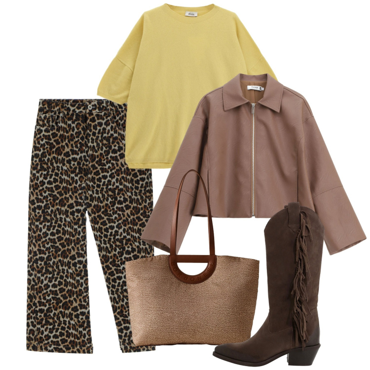 Outfit donna - Un tocco di senape. Stile Chic per Tutti i giorni. Abbinamento con blazer, stivali, gonne lunghe, maglieria, shopping bag.