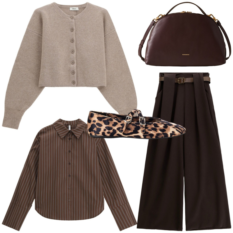 Outfit donna - Chocolate palette. Stile Casual chic per Tutti i giorni. Abbinamento con borse a mano, ballerine, pantaloni a palazzo, cardigans, camicie.