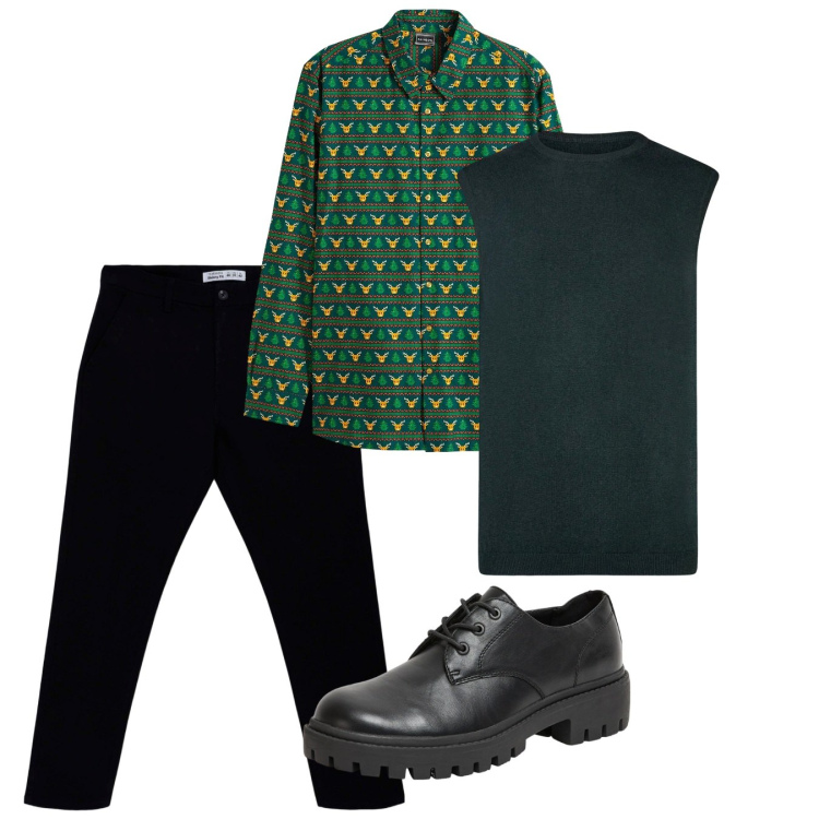 Outfit uomo - Ottobre. Stile Casual per Tutti i giorni. Abbinamento con camicie, scarpe stringate, pantaloni chino, gilet.