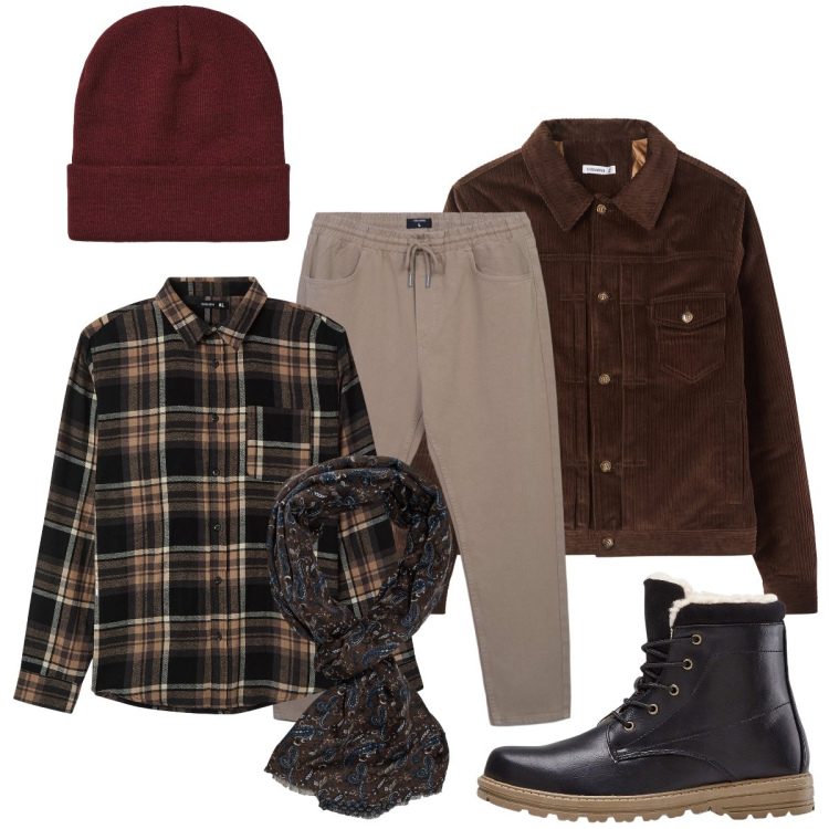 Outfit uomo - Il giubbino di velluto marrone. Stile Casual per Tutti i giorni. Abbinamento con stivali e stivaletti, camicie, pantaloni, berretti, cappotti, sciarpe.