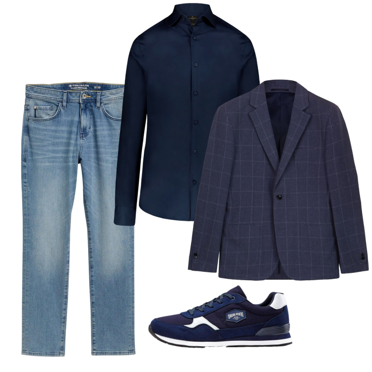Outfit uomo - Blu. Stile Casual per Tutti i giorni. Abbinamento con sneakers, jeans slim fit, giacche, camicie.