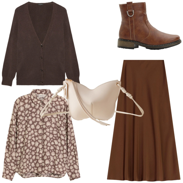 Outfit donna - Choco style in ufficio. Stile Trendy per Ufficio. Abbinamento con stivaletti, camicie, borse a tracolla, gonne lunghe, cardigans.