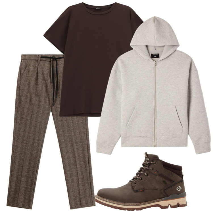Outfit uomo - Ottobre in baita. Stile Casual per Tutti i giorni. Abbinamento con stivali e stivaletti, felpe con cappuccio, pantaloni, t-shirt.