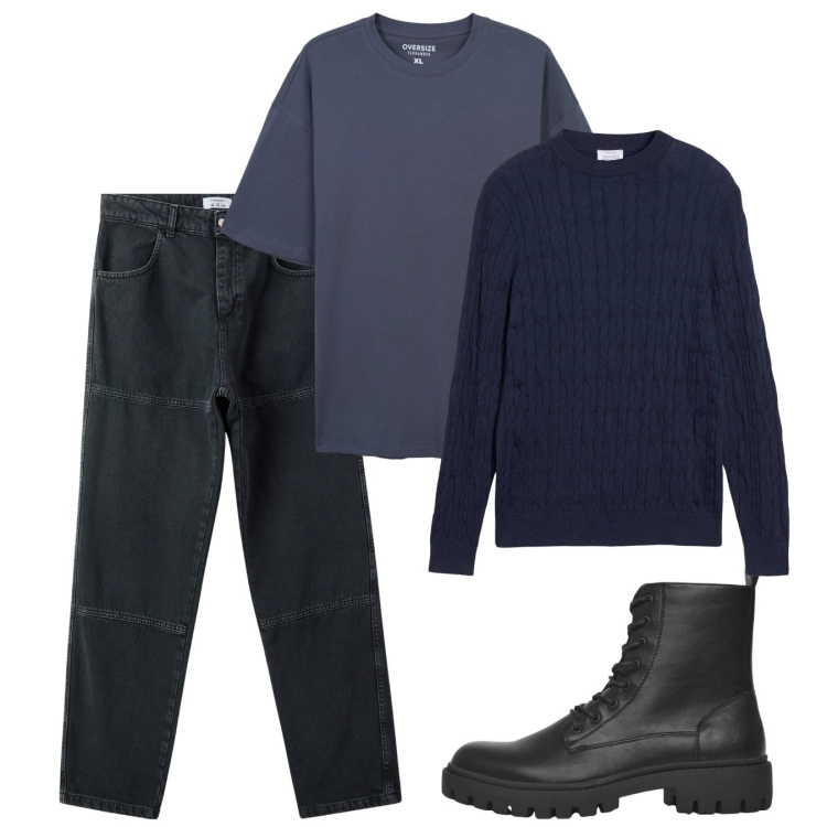Outfit uomo - Ottobre. Stile Casual per Tutti i giorni. Abbinamento con maglieria, pantaloni, anfibi, t-shirt.