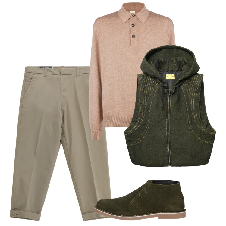 Outfit uomo - Autunno. Stile Casual per Tutti i giorni. Abbinamento con gilet, pantaloni chino, stivali e stivaletti, polo.