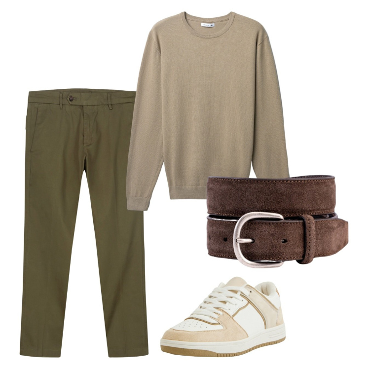 Outfit uomo - Autunno. Stile Casual per Tutti i giorni. Abbinamento con sneakers, maglieria, cinture, pantaloni chino.