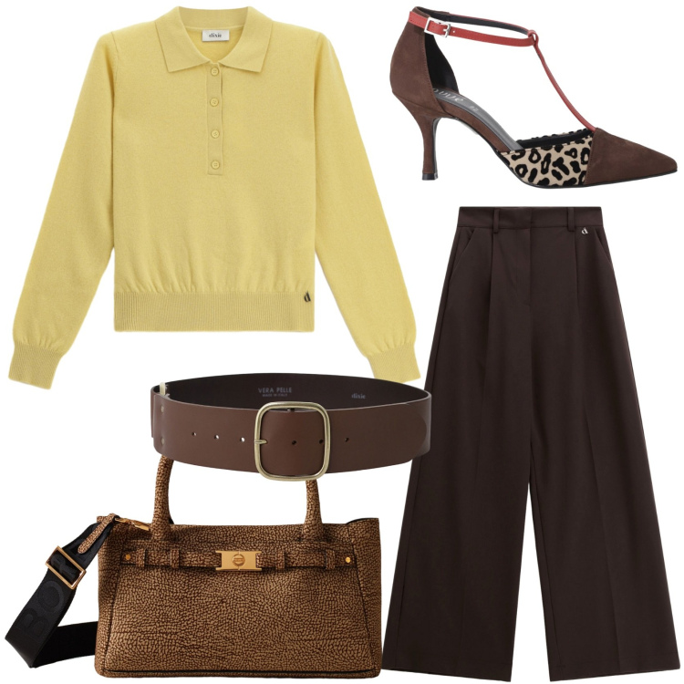 Outfit donna - Mustard coloured. Stile Trendy per Tutti i giorni. Abbinamento con pantaloni a palazzo, pullovers, décolleté, cinture, borse a mano.