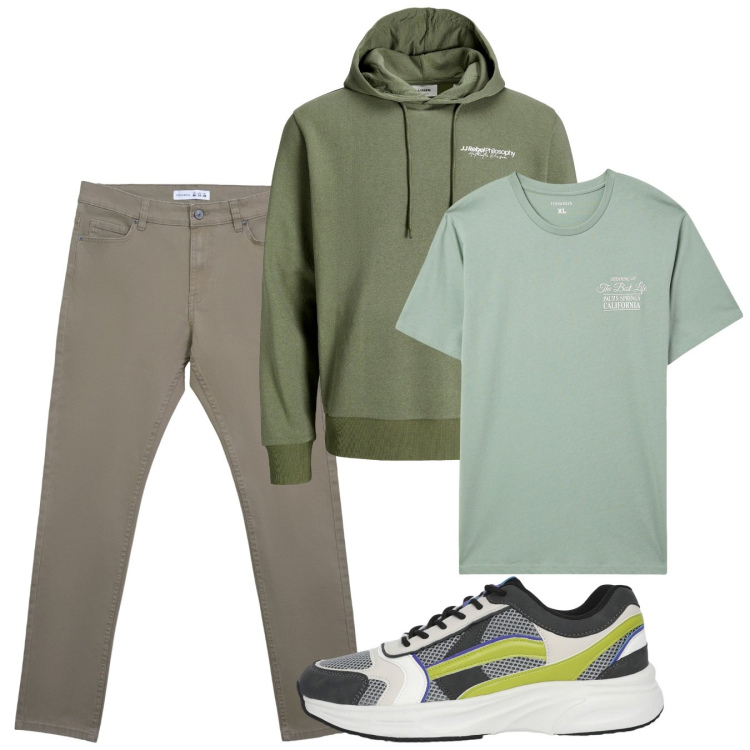 Outfit uomo - Ottobre. Stile Casual per Tutti i giorni. Abbinamento con felpe con cappuccio, t-shirt, pantaloni skinny, sneakers.