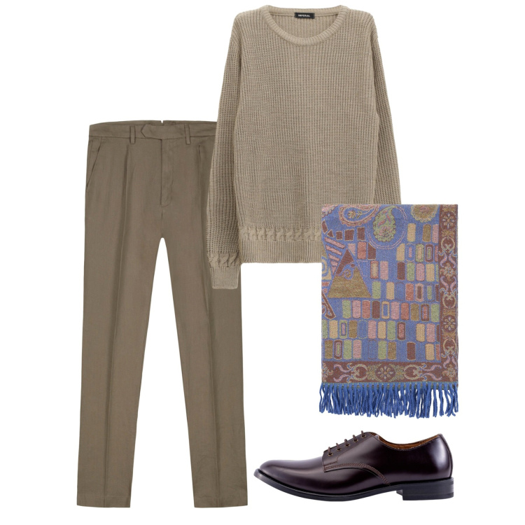 Outfit uomo - Ottobre. Stile Casual per Tutti i giorni. Abbinamento con maglieria, sciarpe, scarpe stringate, pantaloni.
