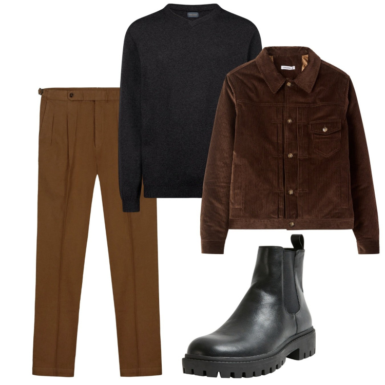 Outfit uomo - Nero e marrone. Stile Casual per Tutti i giorni. Abbinamento con stivali e stivaletti, cappotti, maglieria, pantaloni.