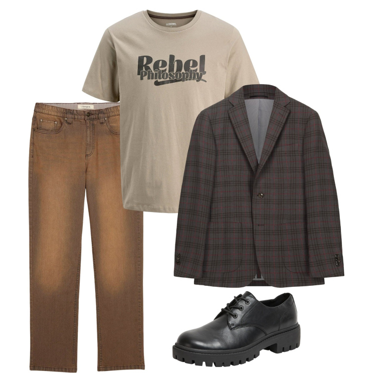 Outfit uomo - Wood. Stile Casual per Tutti i giorni. Abbinamento con t-shirt, jeans, scarpe stringate, giacche.