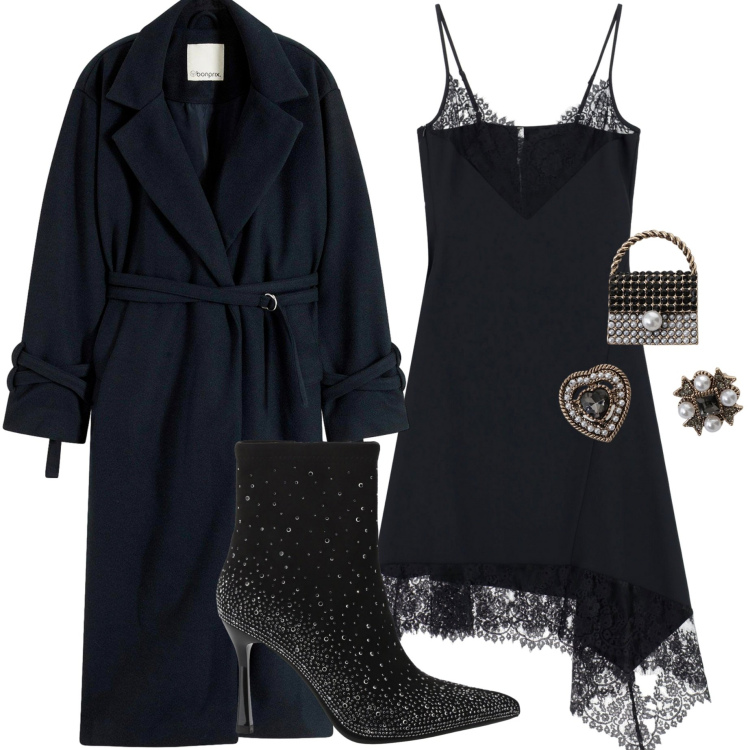 Outfit donna - Pronta per halloween. Stile Sporty chic per Serata fuori. Abbinamento con cappotti, stivaletti, accessori per capelli, vestiti asimmetrici.