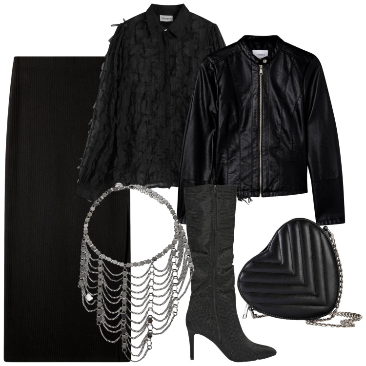 Outfit donna - Spooky Halloween. Stile Chic per Serata fuori. Abbinamento con borse a tracolla, bluse, giacche, gonne lunghe, stivali, collane.