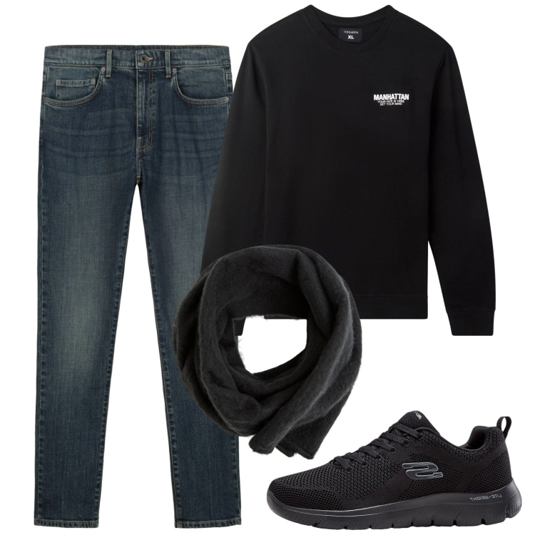 Outfit uomo - Black. Stile Casual per Tutti i giorni. Abbinamento con sneakers, felpe, sciarpe e foulard, jeans.