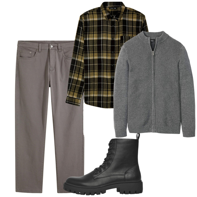 Outfit uomo - Ottobre. Stile Casual per Tutti i giorni. Abbinamento con cardigans, pantaloni, camicie, anfibi.