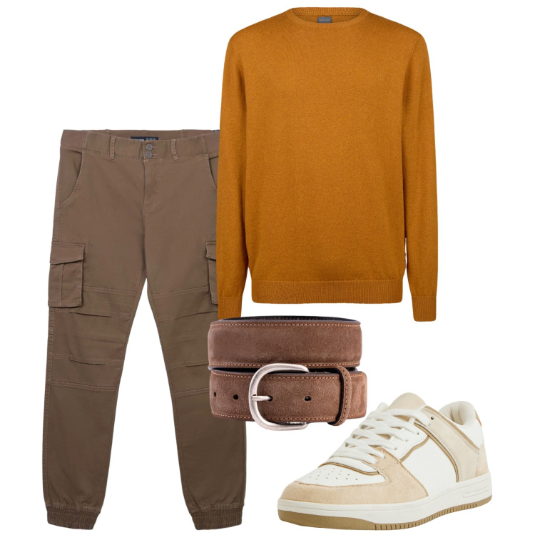 Outfit uomo - Curcuma. Stile Casual per Tutti i giorni. Abbinamento con sneakers, pantaloni cargo, maglieria, cinture.