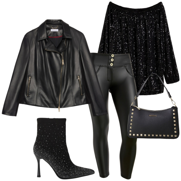 Outfit donna - Spooky Halloween. Stile Rock per Serata fuori. Abbinamento con maglieria, pochette, stivaletti, pantaloni skinny, giacche.