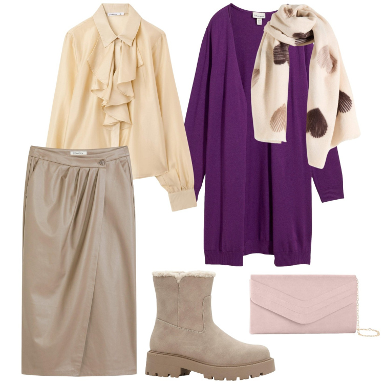 Outfit donna - Mi metto il cardigan. per Ufficio. Abbinamento con stivaletti, gonne longuette, pochette, sciarpe, cardigans, camicie.