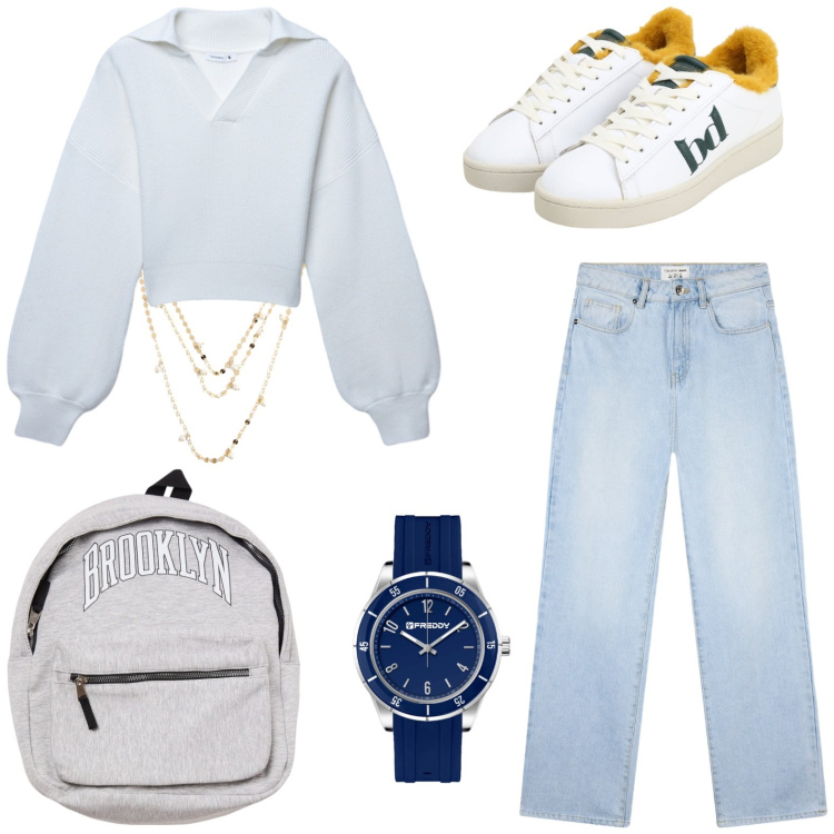 Outfit donna - Viaggio. Stile Casual per Tutti i giorni. Abbinamento con collane, borse sportive, jeans dritti, maglieria, sneakers, orologi.