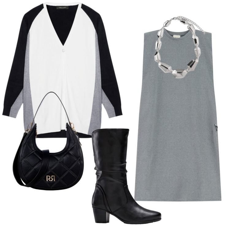 Outfit donna - Mi metto il cardigan. Stile Glamour per Ufficio. Abbinamento con stivali, vestiti midi/longuette, borse a tracolla, cardigans, ciondoli.