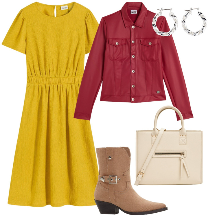Outfit donna - Un tocco di senape. per Tutti i giorni. Abbinamento con vestiti, orecchini, stivaletti texani, shopping bag, giacche.