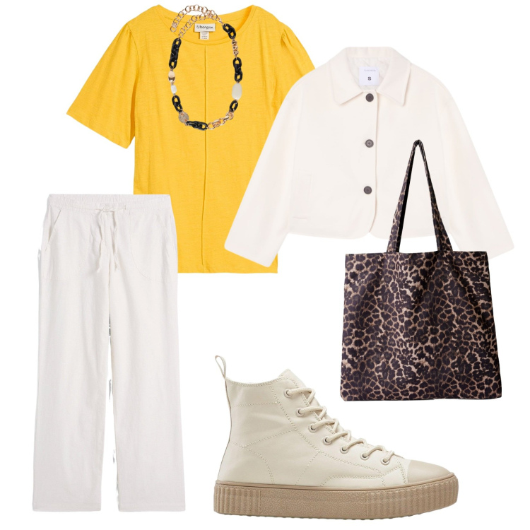 Outfit donna - Un tocco di senape. per Tutti i giorni. Abbinamento con pantaloni a palazzo, t-shirt, sneakers alte, shopping bag, blazer, collane.