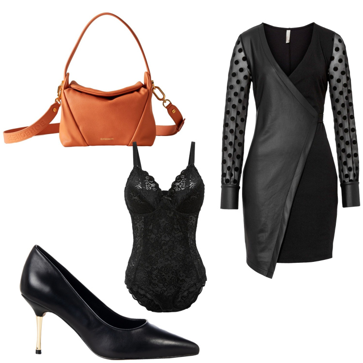 Outfit donna - Arancio e nero. Stile Sexy per Serata fuori. Abbinamento con body, vestiti, décolleté, borse a spalla.