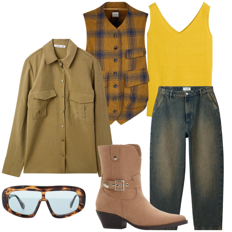 Outfit donna - Sporty lady. Stile Mannish per Tutti i giorni. Abbinamento con canottiere, stivaletti texani, jeans, camicie, occhiali da sole, gilet.